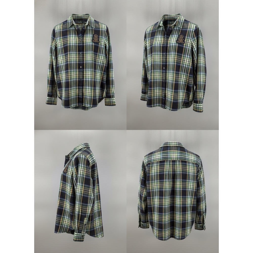Lauren Ralph Lauren Green Plaid Crest Button Down Shirt Womens Large 1457 - Picture 2 of 10